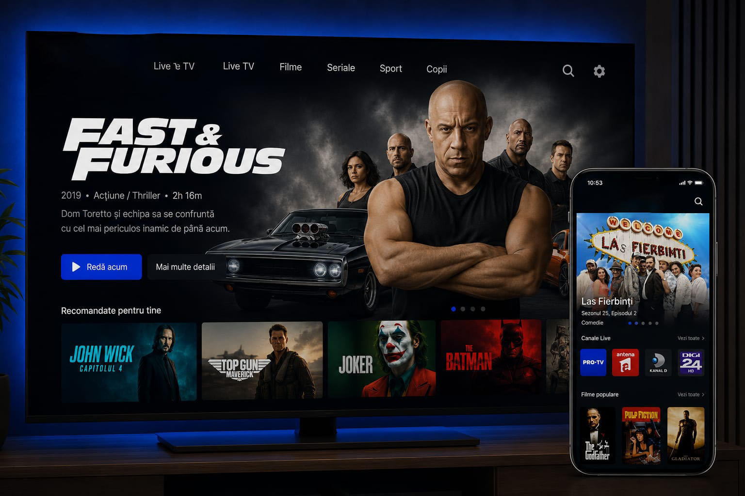 Interfață IPTV cu filme și seriale pe televizor